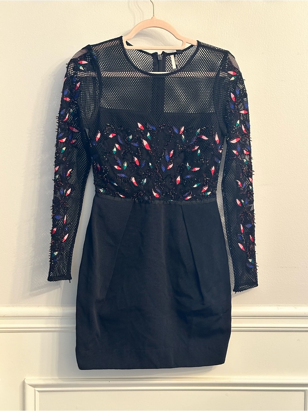 Topshop Black Mesh Long Sleeve Dress with Multicolor Sequin Accents